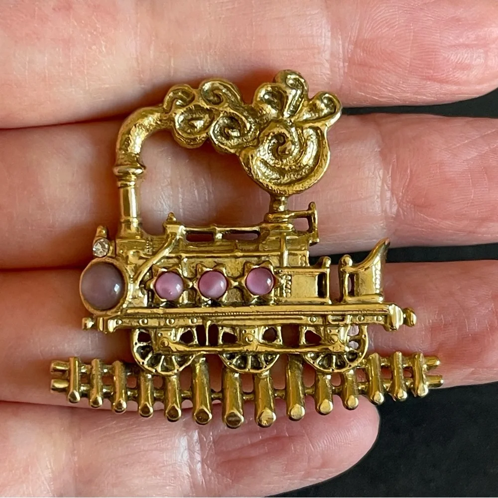 Vintage 1928 Gold Train Brooch with Pink Accents